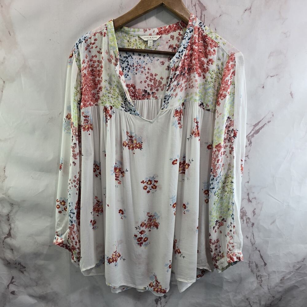 Lucky Brand Shirt Womens 2X White Pink Floral V Neck Long Sleeve Notch Blouse